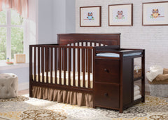 Delta Children Black Cherry Espresso (607) Layla Crib 'N' Changer Side View, Crib Conversion, Room View a1a