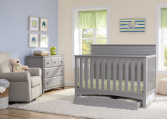 Delta Children Grey (026) Fancy 4-in-1 Crib Side View with Props 2 b1b
