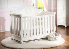 Delta Children White Ambiance (108) Princess Magical Dreams 4-in-1 Crib Front View, Crib Conversion, Detailed View b2b
