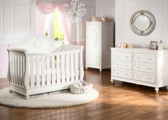 Delta Children White Ambiance (108) Princess Magical Dreams 4-in-1 Crib Front View, Crib Conversion, Room View b1b