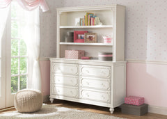 Delta Children White Ambiance (108) Disney Princess Magical Dreams Bookcase/Hutch Front View atop the Disney Princess Magical Dreams 6-Drawer Dresser, Room View a1a