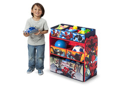 Delta Children Spider-Man Multi-Bin Toy Organizer, Left View with Props and Model a3a