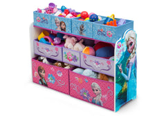 Delta Children Frozen Deluxe Multi-Bin Toy Organizer Left Side View with Props a2a