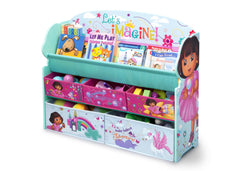 Delta Children Dora Deluxe Book & Toy Organizer Left Side View with Props a2a