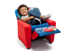 Delta Children Style 1 Cars Upholstered Recliner Chair, Right View with Model and Footrest Option a3a